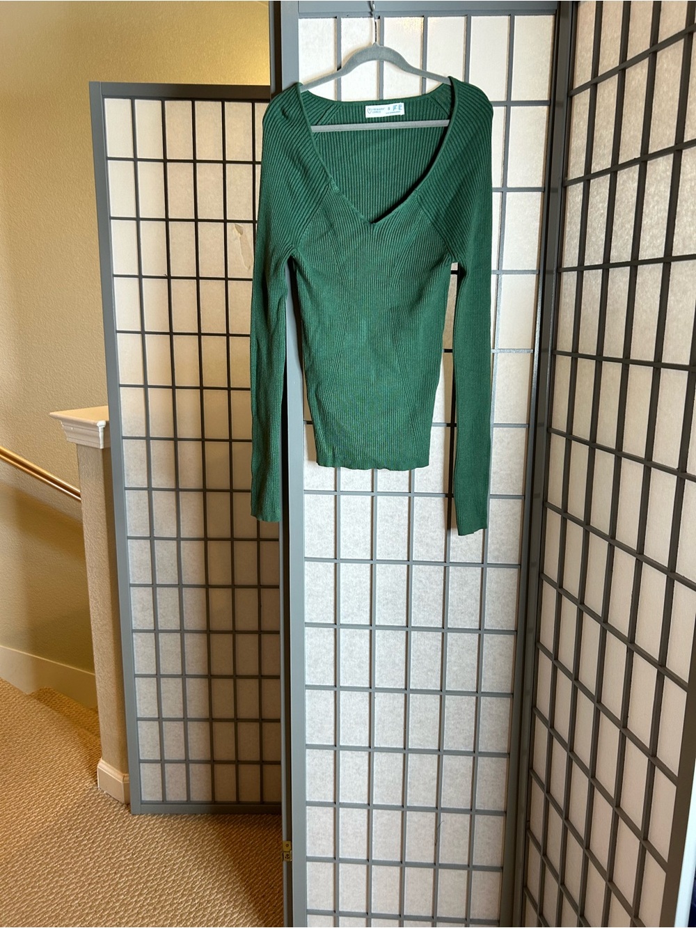 Primark Forest Green Ribbed V-Neck Long Sleeve Top